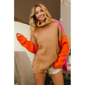 BiBi Color Block Turtle Neck Drop Shoulder Knit Sweater